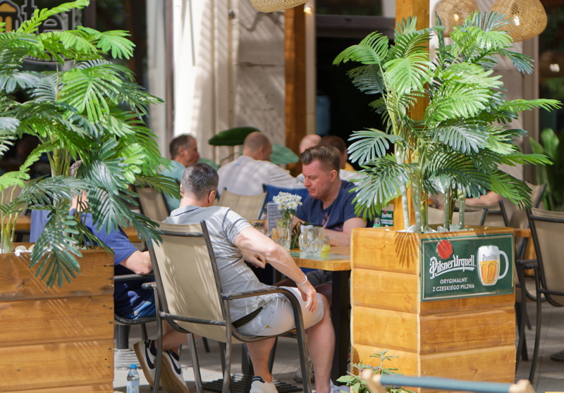 Outdoor restaurant patio with wooden planters and greenery